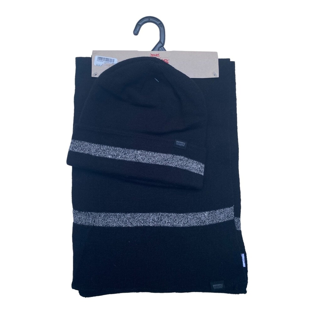 Levi’s men's winter 2 pc set knit hat and scarf set black/grey OSFM